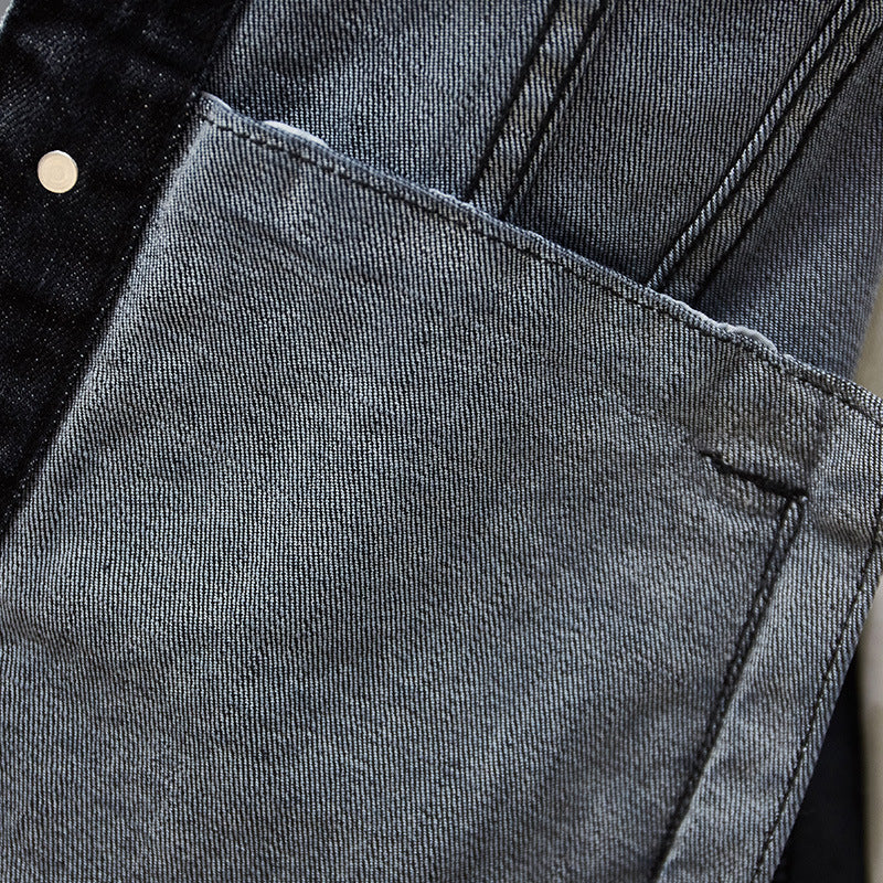 Casual Men's Black Denim Jacket fabric check
