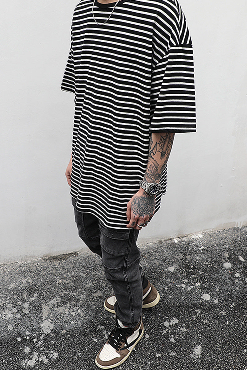 Men's Black and White Striped Oversized T-Shirt frontside with men 2