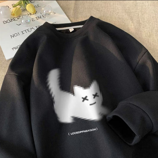 Blurry Cat Printed Oversized Velvet Sweatshirt