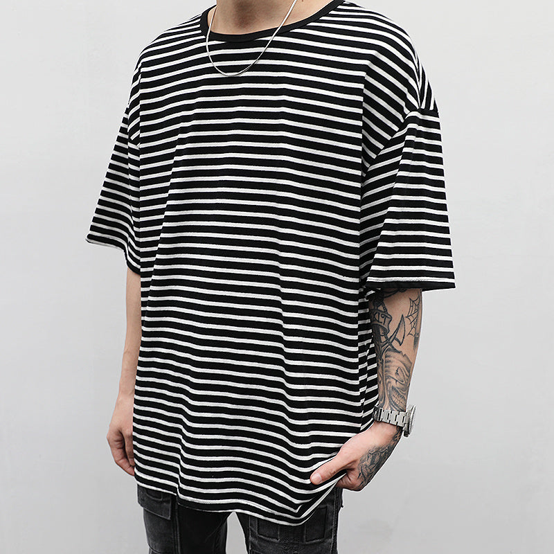 Men's Black and White Striped Oversized T-Shirt frontside with men 1