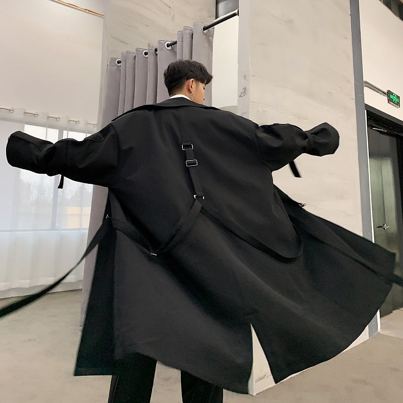 Men's Solid Black Classic Gangster Long Coat backside