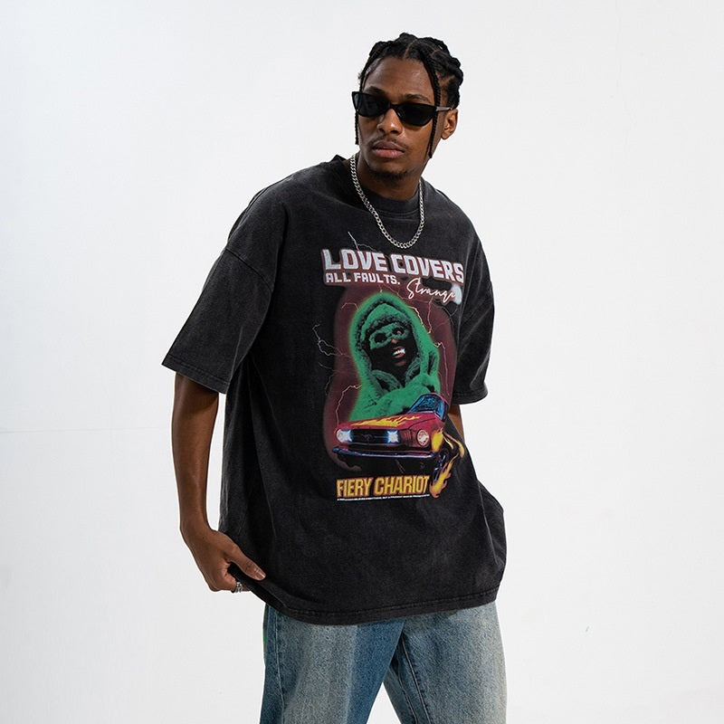 Fiery Chariot Printed Oversize T-Shirt for Mens frontside 3