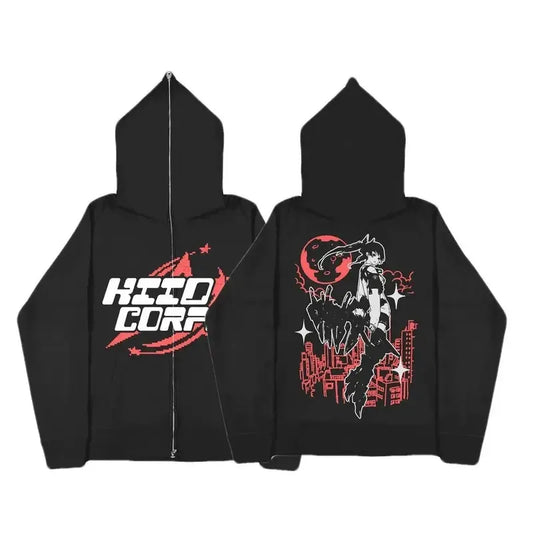 Anime Zipper Printed Hoodie [black jacket, black puffer jacket, black leather jacket, black denim jacket, oversized leather jacket, oversized denim jacket and black bomber jacket] red front and back