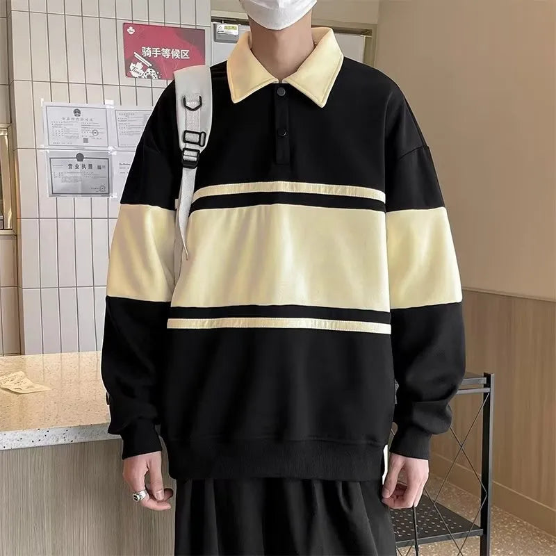 Men's Polo Collar Striped Oversized Sweatshirt [black on black sweatshirt, sweatshirt men black, black sweatshirt and oversized sweatshirt]