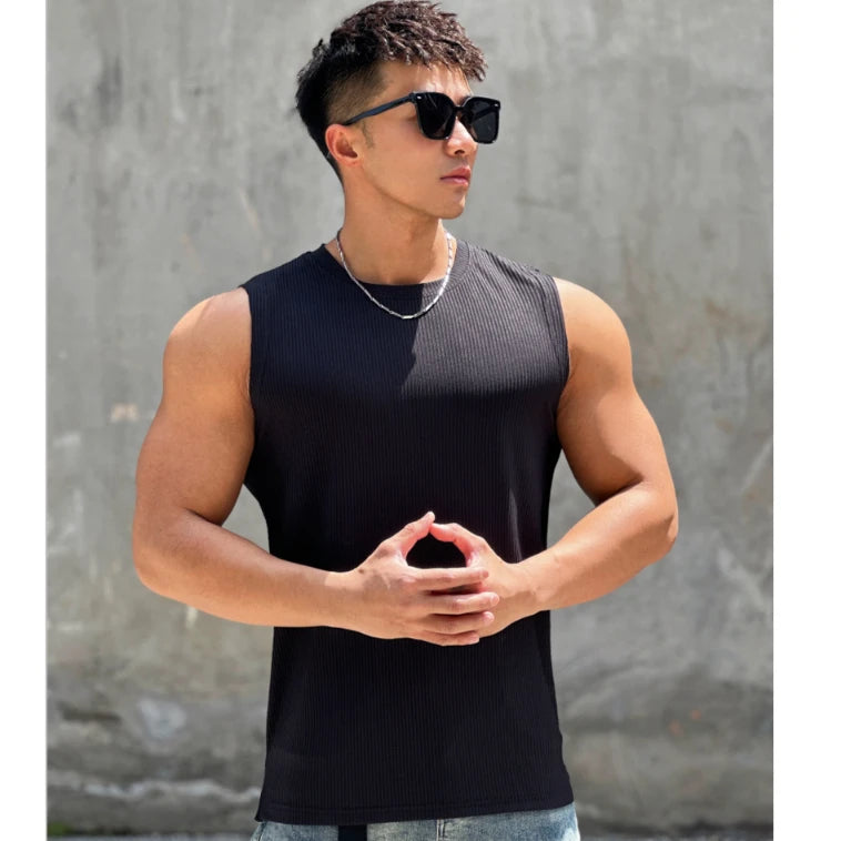 Mens Gym Quick Dry Sleeveless T-Shirt [black graphic tees, custom t shirts, graphic tees, custom tee shirts, t shirt outlet and oversized t shirt] with model 2