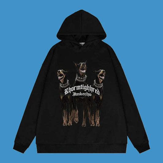 Three Doberman Printed Oversized Hoodie for Men [black hoodie mens and essential black hoodies] frontside
