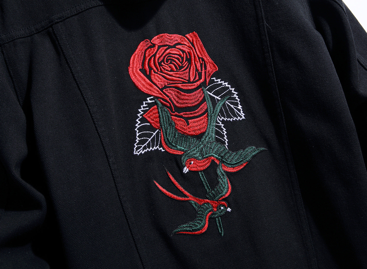 Men's Rose Embroidered Black Jacket backside closeup