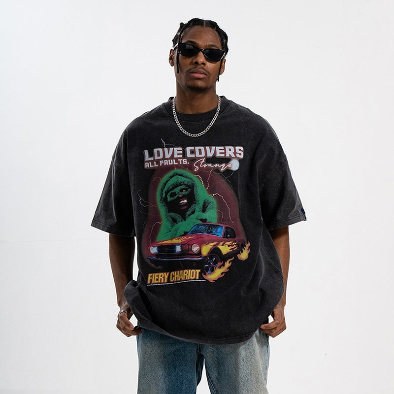 Fiery Chariot Printed Oversize T-Shirt for Mens frontside 2