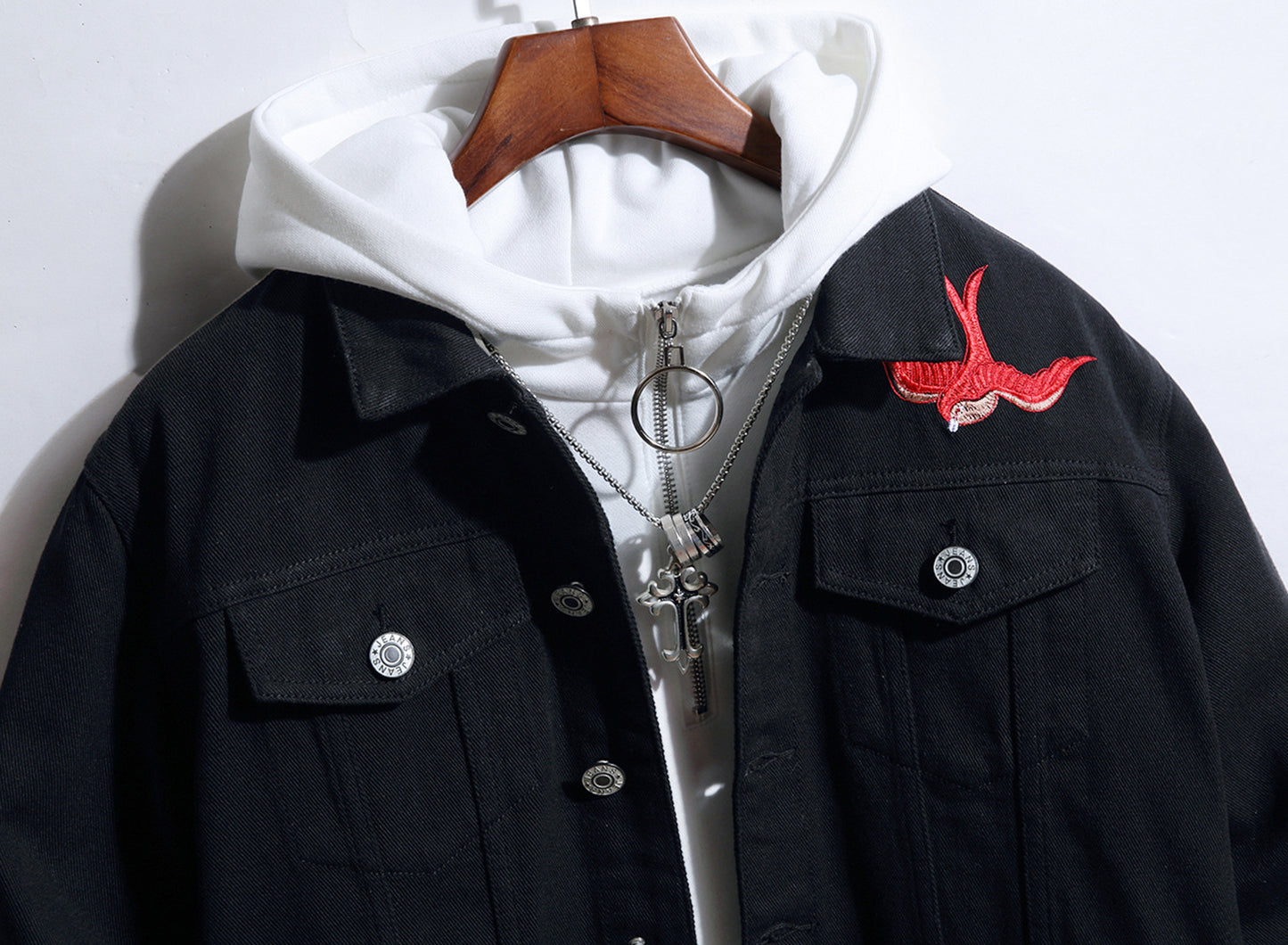 Men's Rose Embroidered Black Jacket hood collar